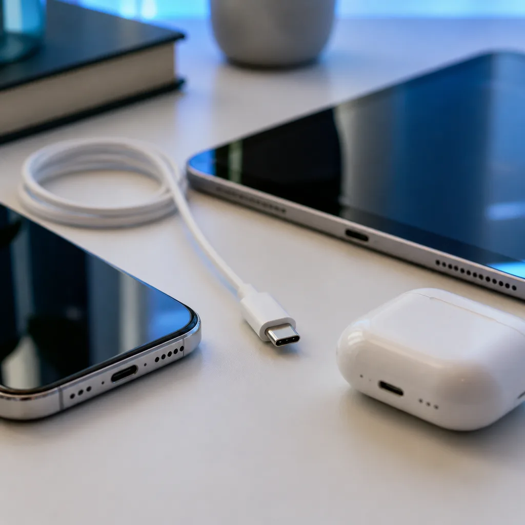 Several small electronic devices, a phone, earbuds case and tablet, arranged on a desk with one USB-C cable