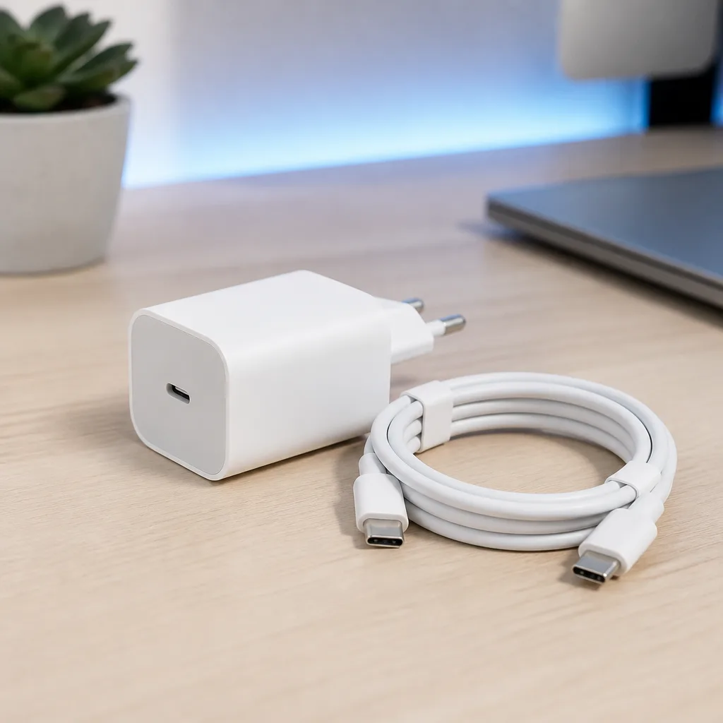 Single USB-C charger with a cable coiled beside it on a plain desk surface