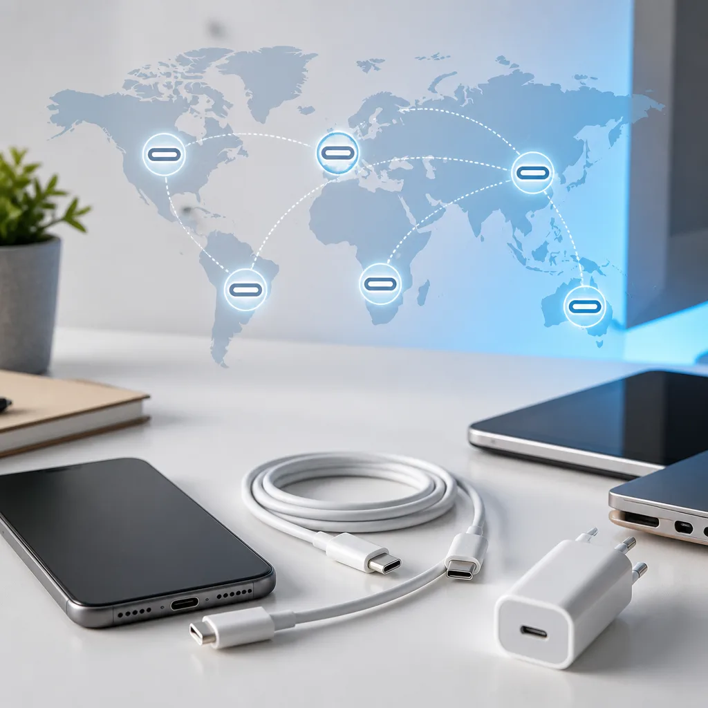 World map style illustration with a USB-C connector icon placed over several regions, flat desk illustration