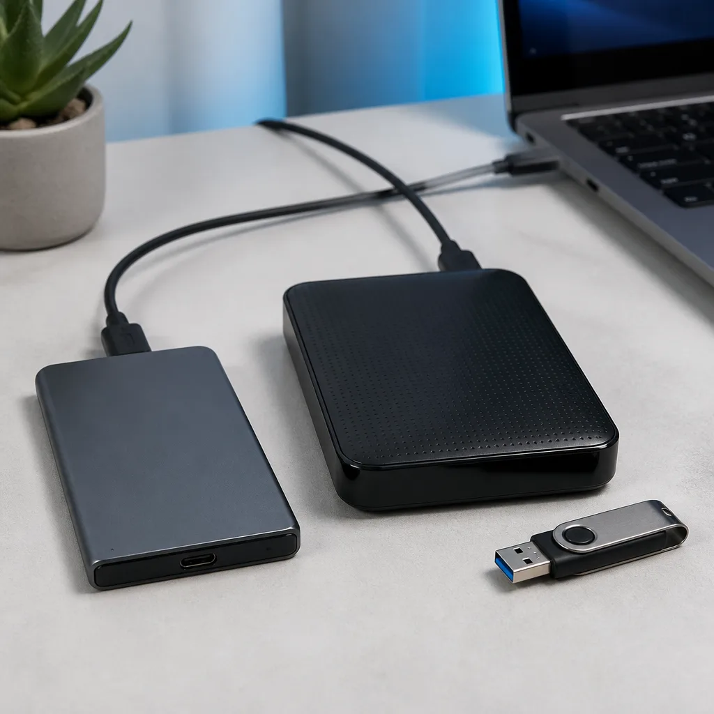 external SSD, an external hard drive and a USB flash drive placed together on a desk