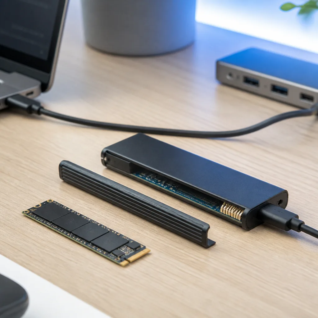 small M.2 solid state drive next to an open external SSD enclosure on a desk