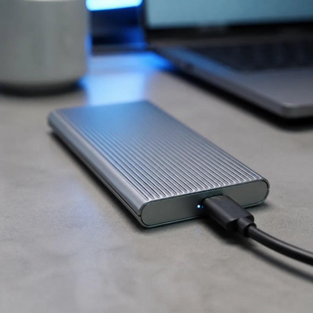close up of an external SSD enclosure with its metal casing partly visible