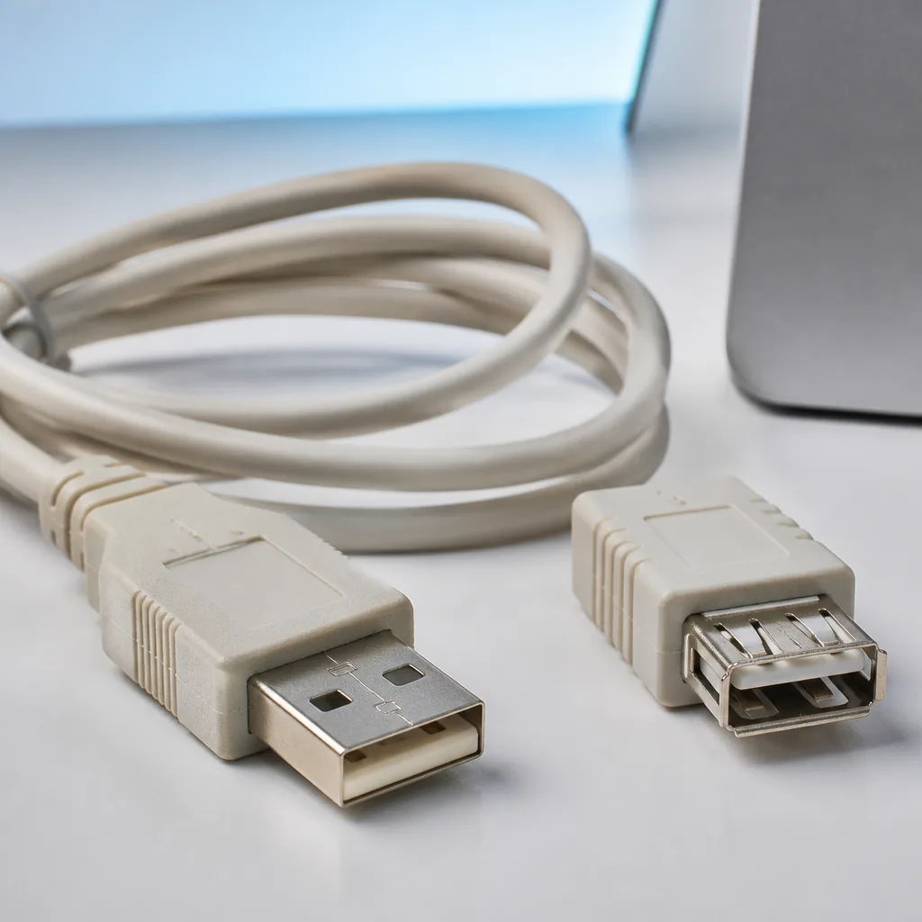 Vintage beige USB Type-A cable and connector photographed against a plain background