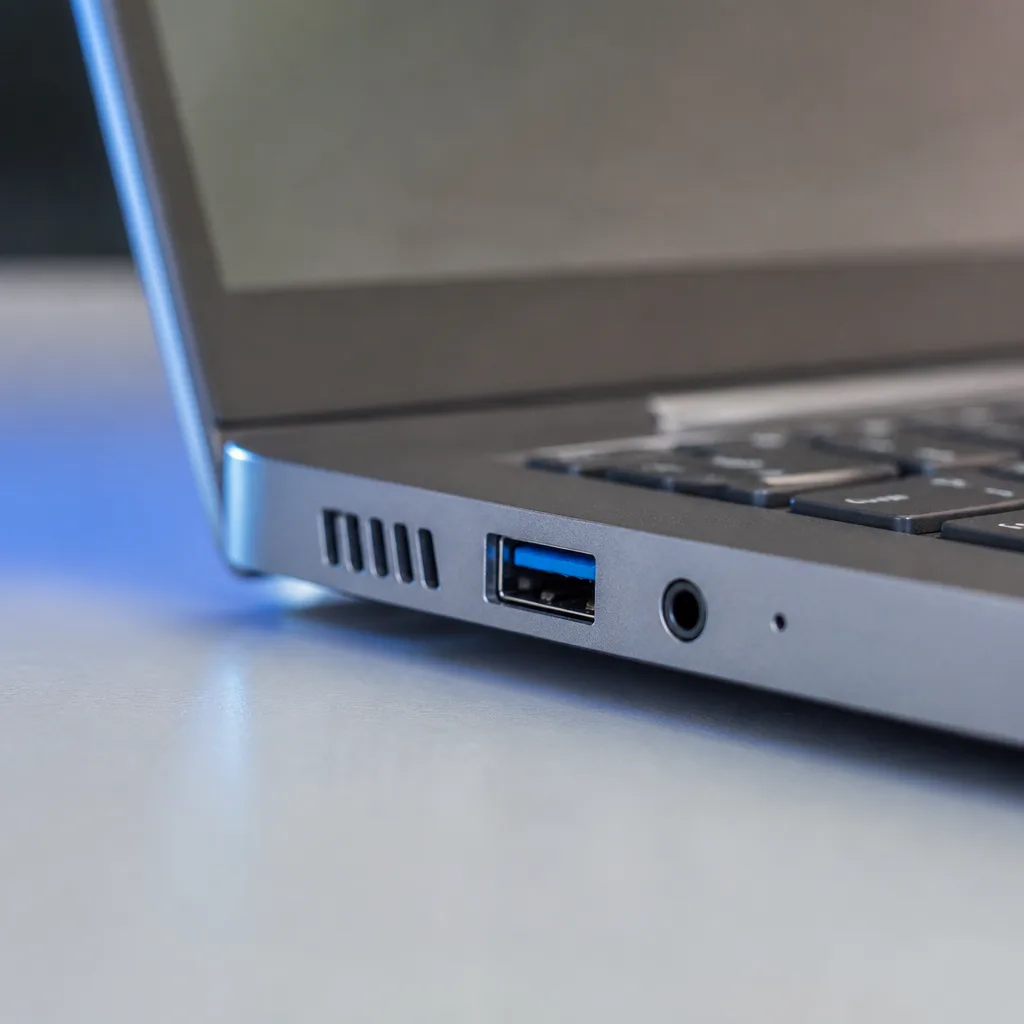 Blue coloured USB Type-A port on the side of a laptop, close up shot