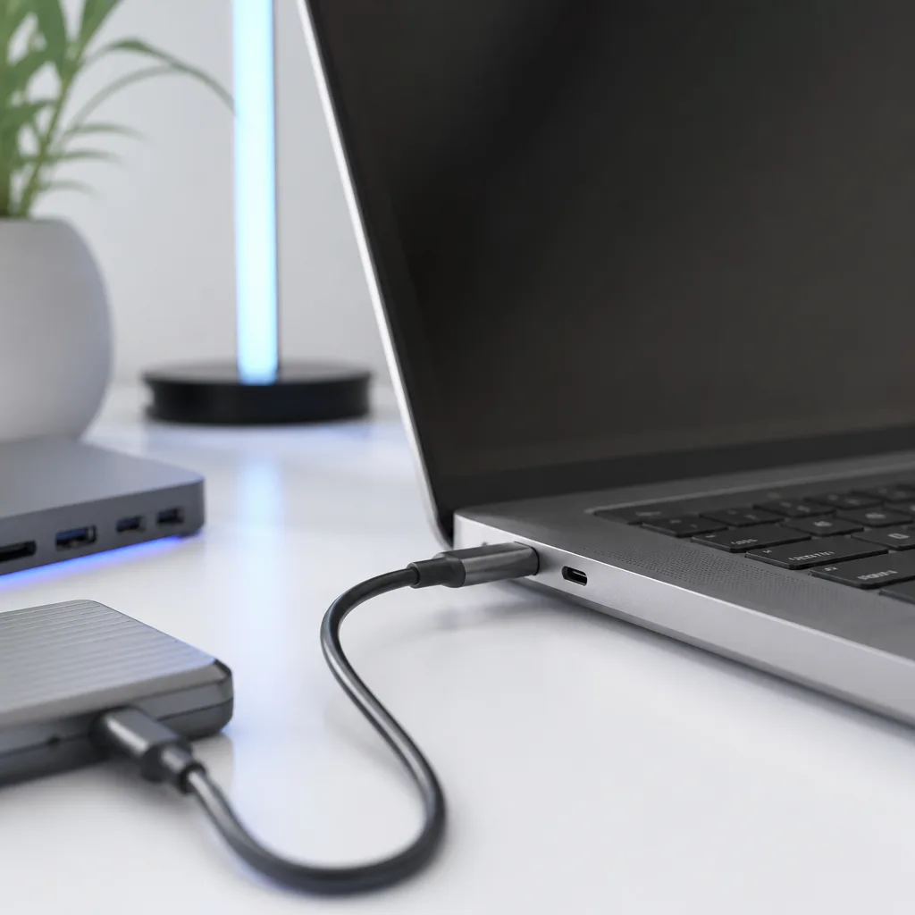 Modern laptop with a single USB-C port, cable connected, minimalist desk setup