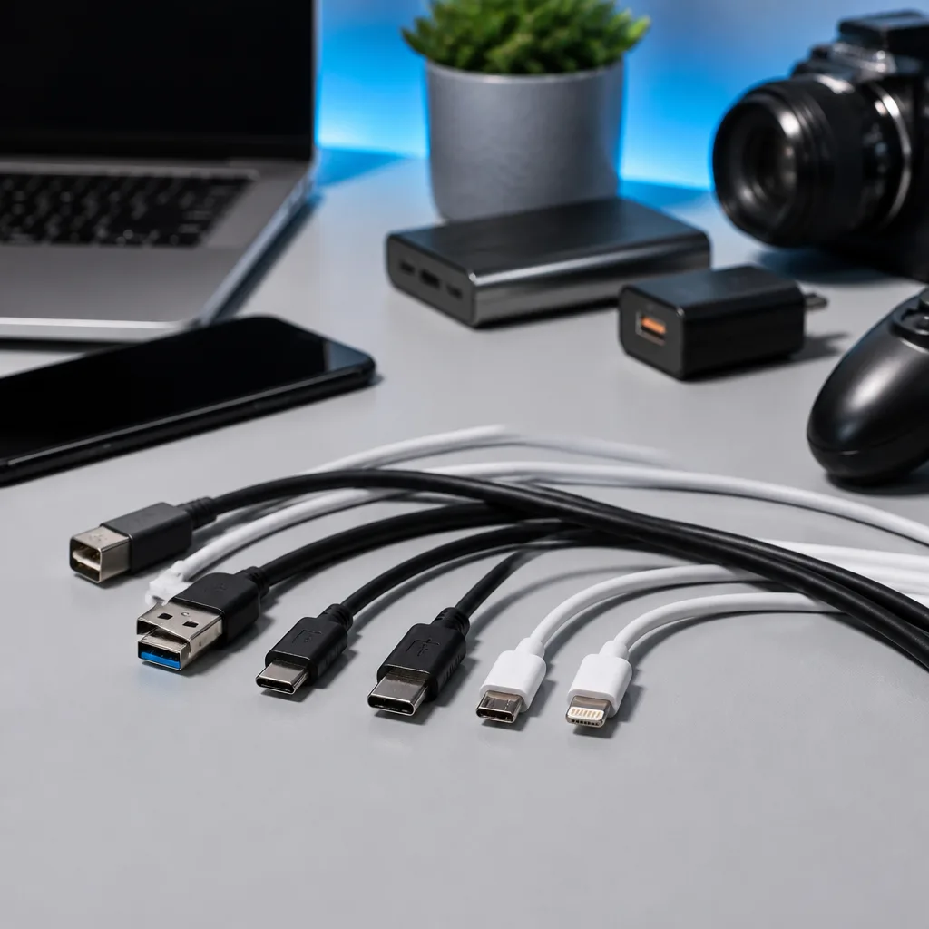 Assortment of USB cables with different connectors laid out on a desk
