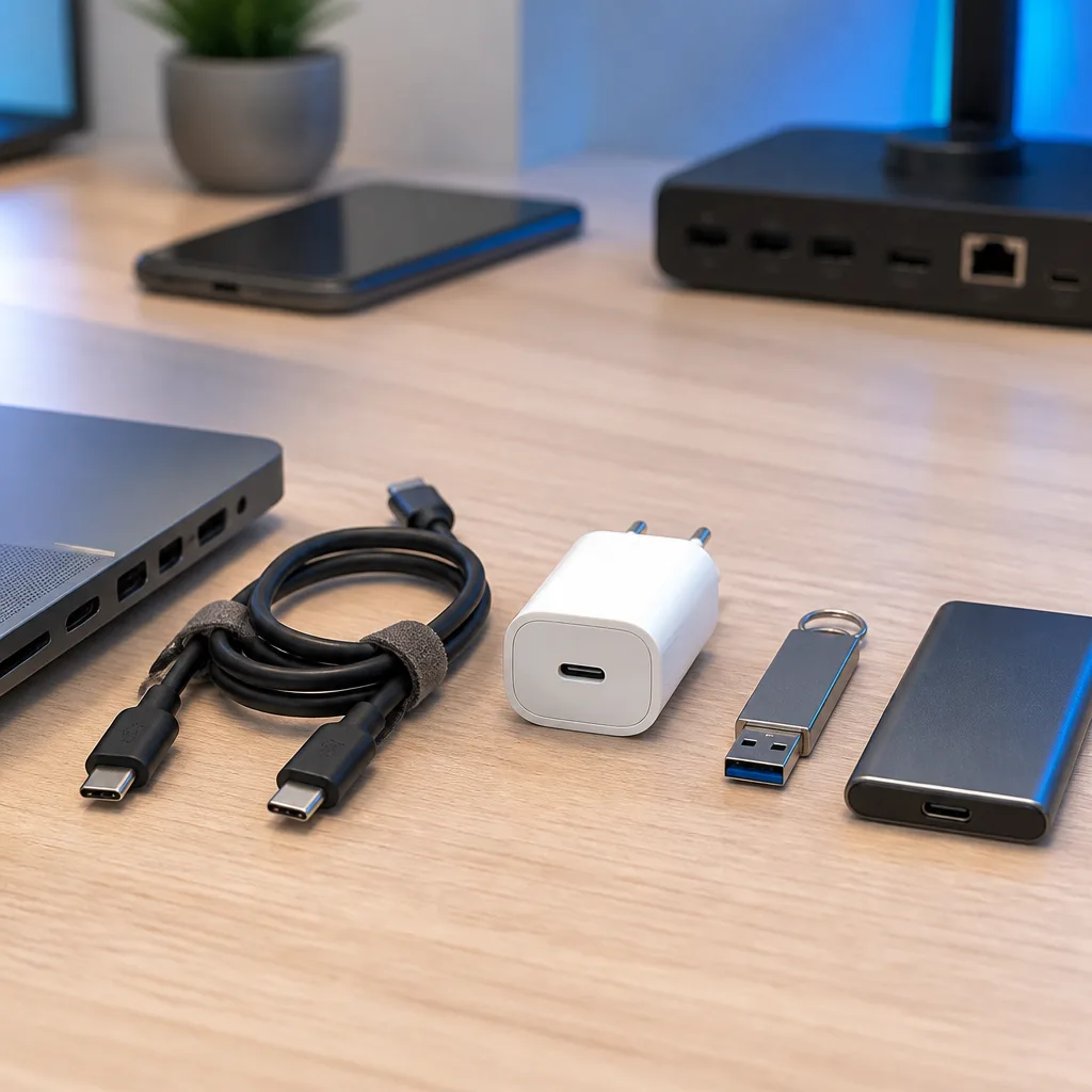 Desk with a USB cable, a small charger, a flash drive and an external SSD laid out together