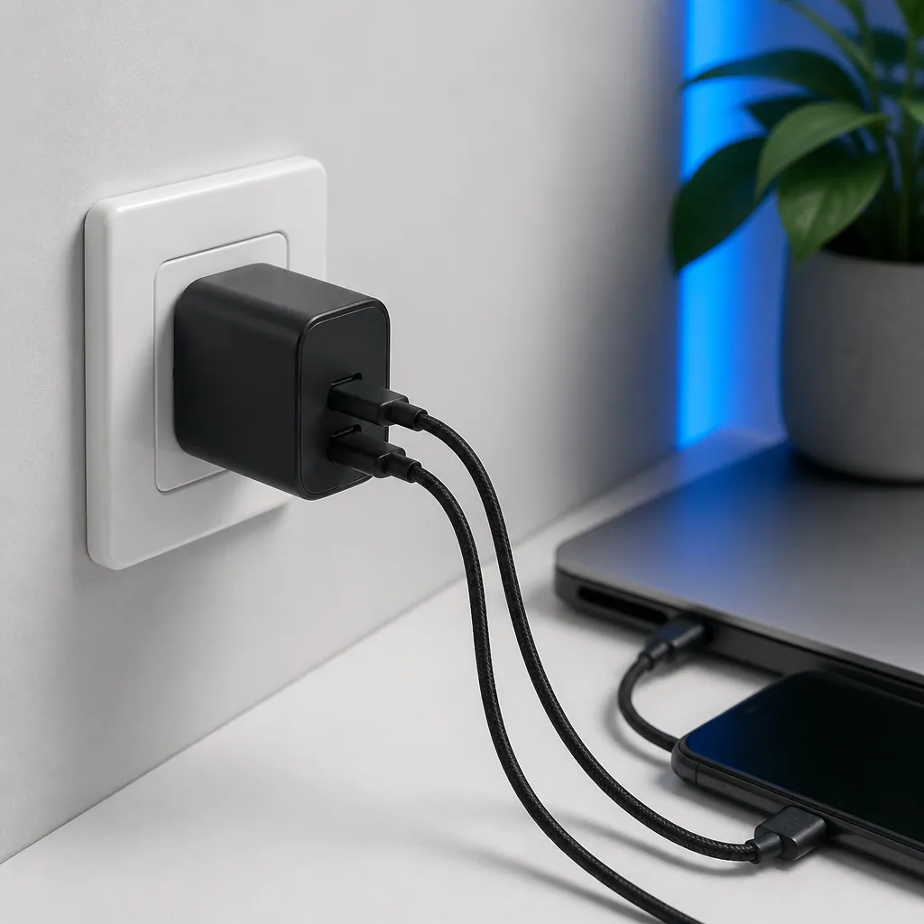 Compact wall charger with two USB-C ports plugged into a wall outlet
