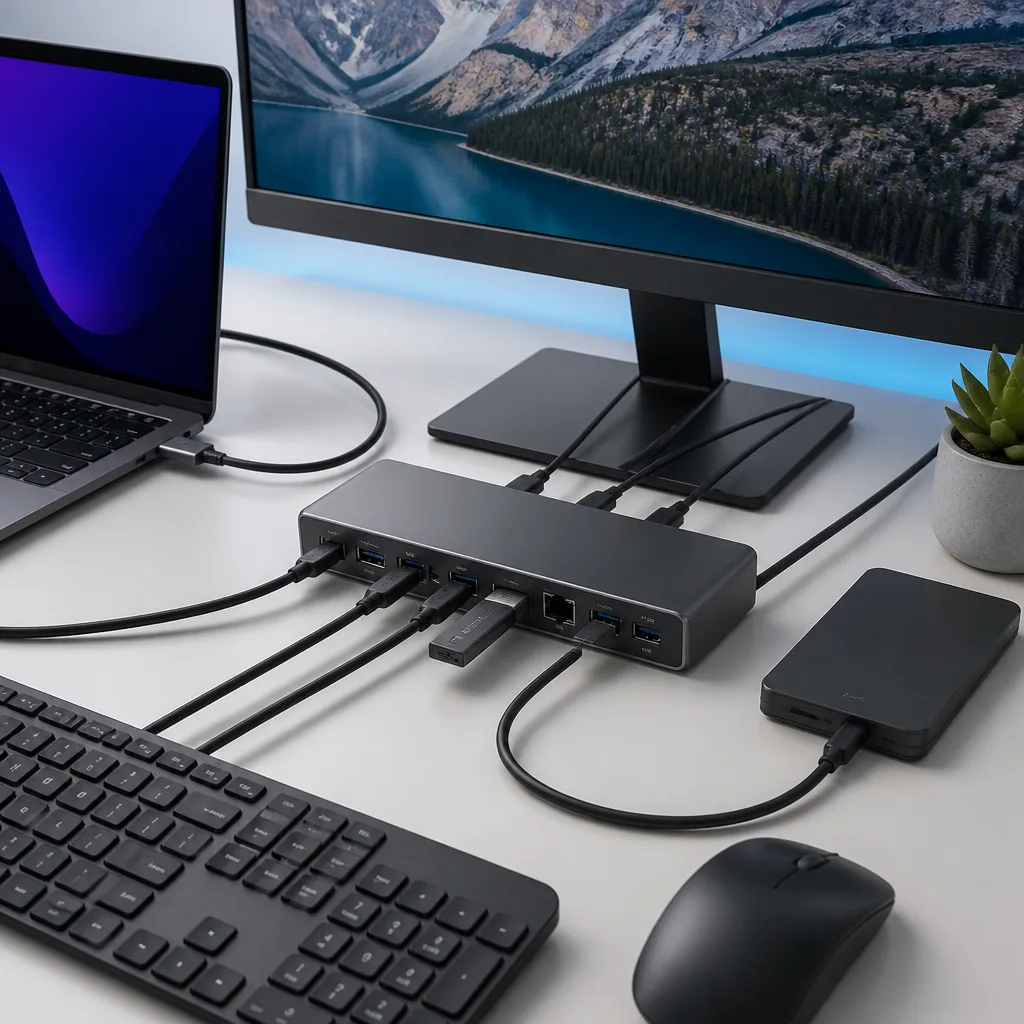 Docking station on a desk with several cables running to a laptop, monitor and peripherals