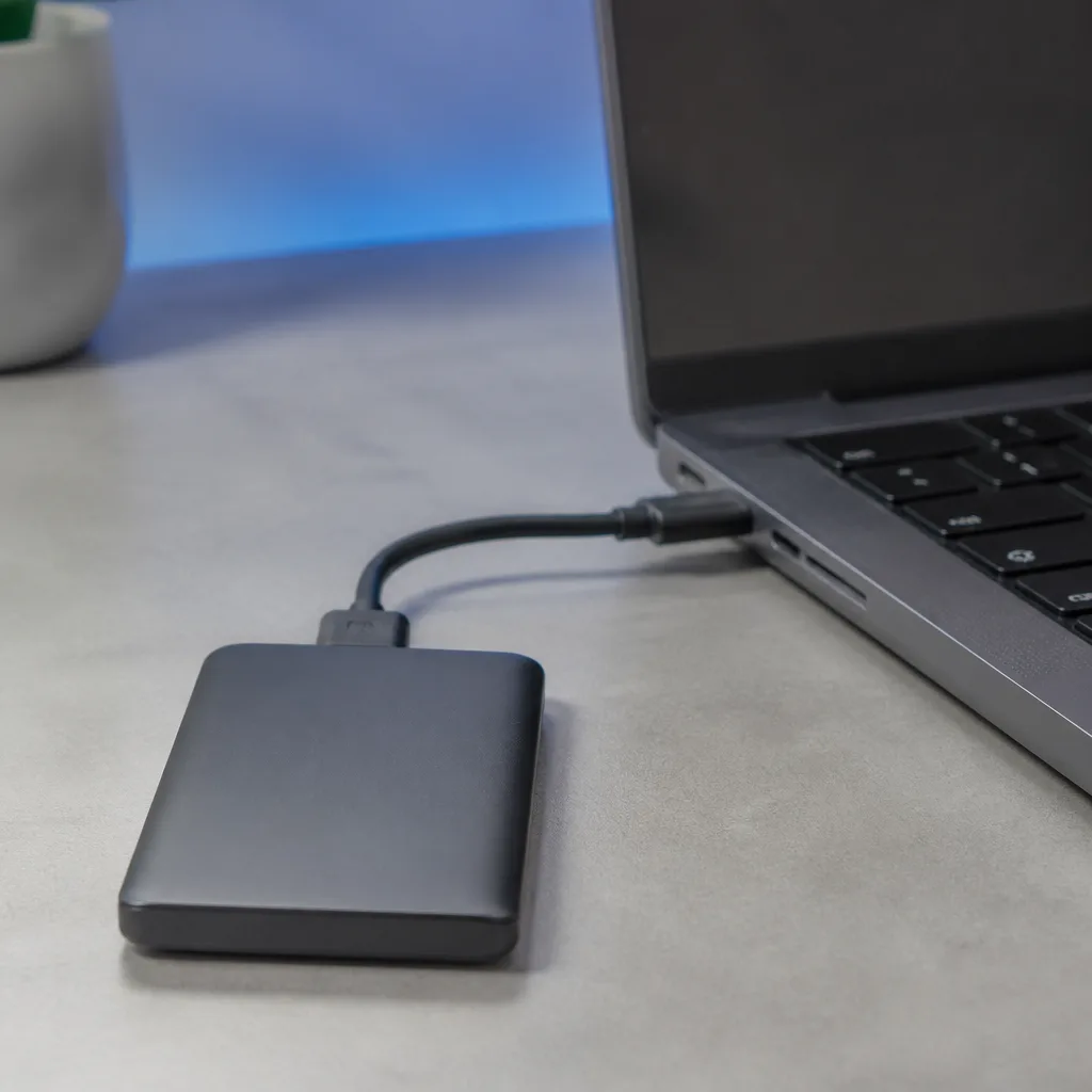 Small portable external SSD connected to a laptop with a short USB-C cable