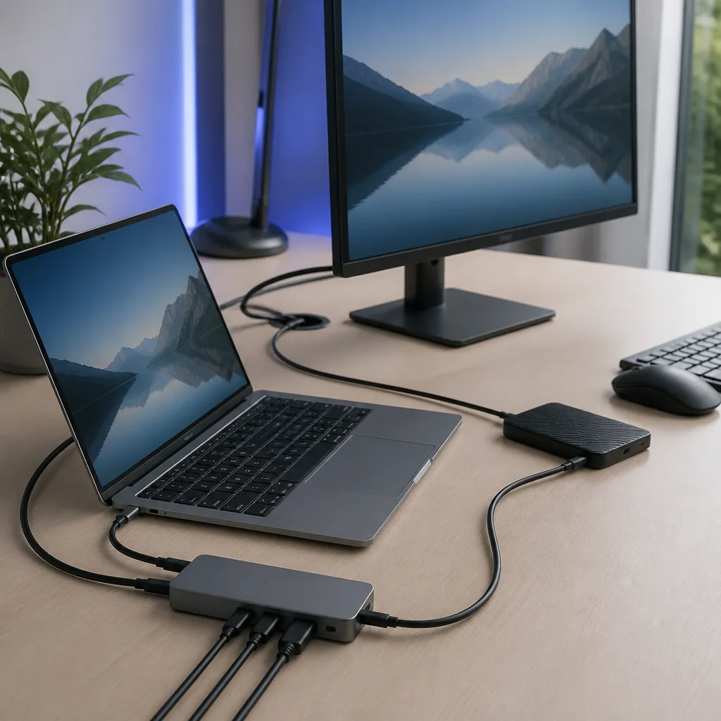 Home office desk with a laptop, external monitor, external drive and several neatly arranged cables
