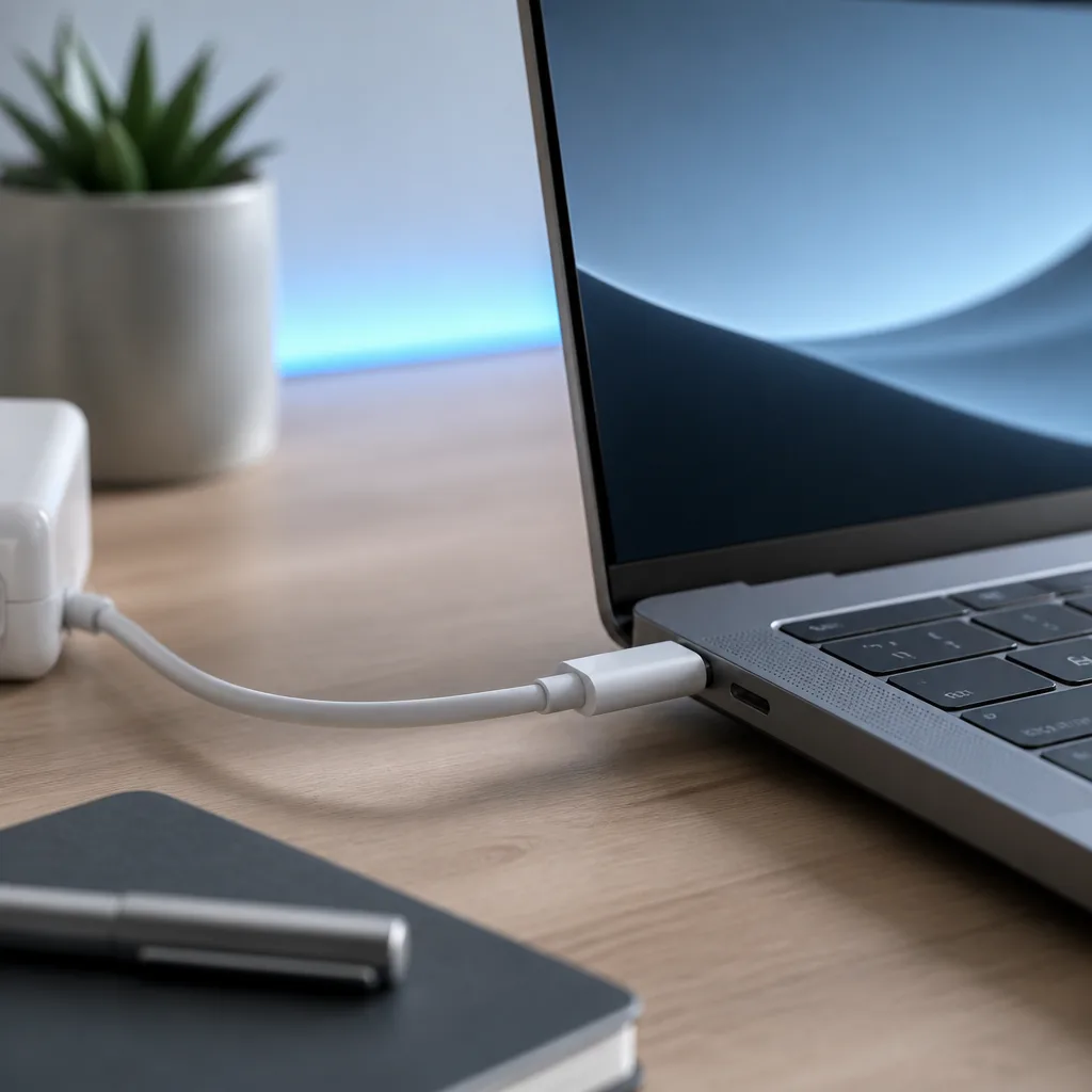 USB-C charging cable plugged into the side port of a slim laptop on a desk