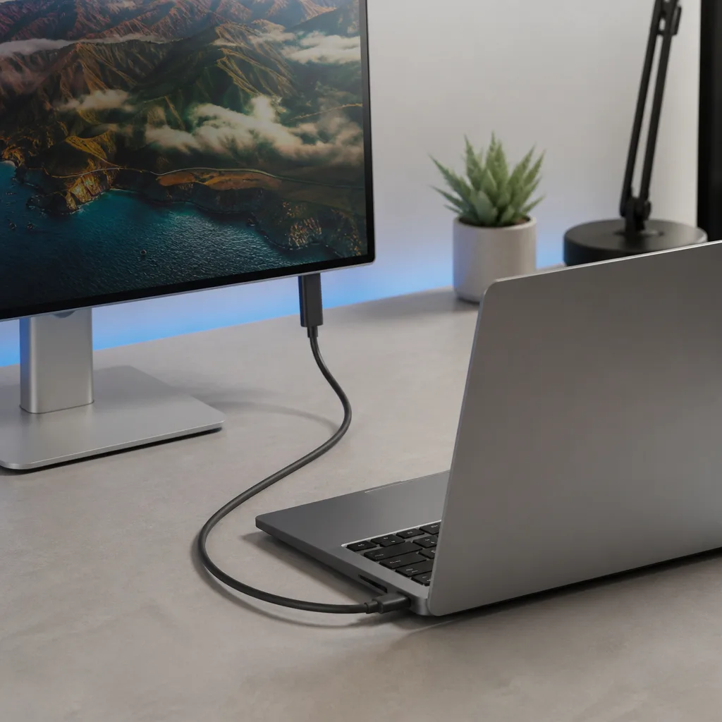Laptop connected to a single USB-C cable running to an external monitor on a desk
