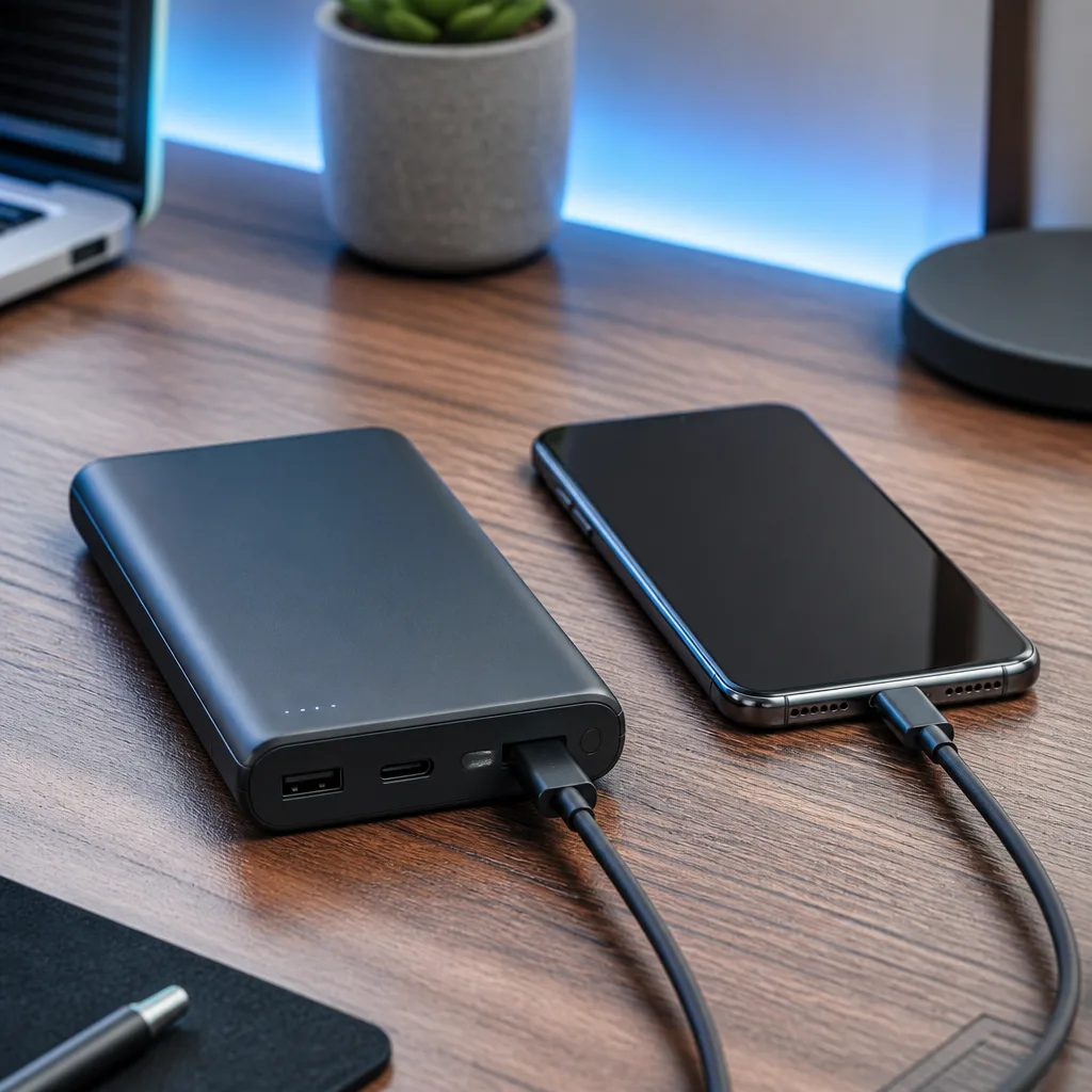 batería externa compacta sobre un escritorio mostrando su capacidad impresa en la carcasa, con un teléfono al lado