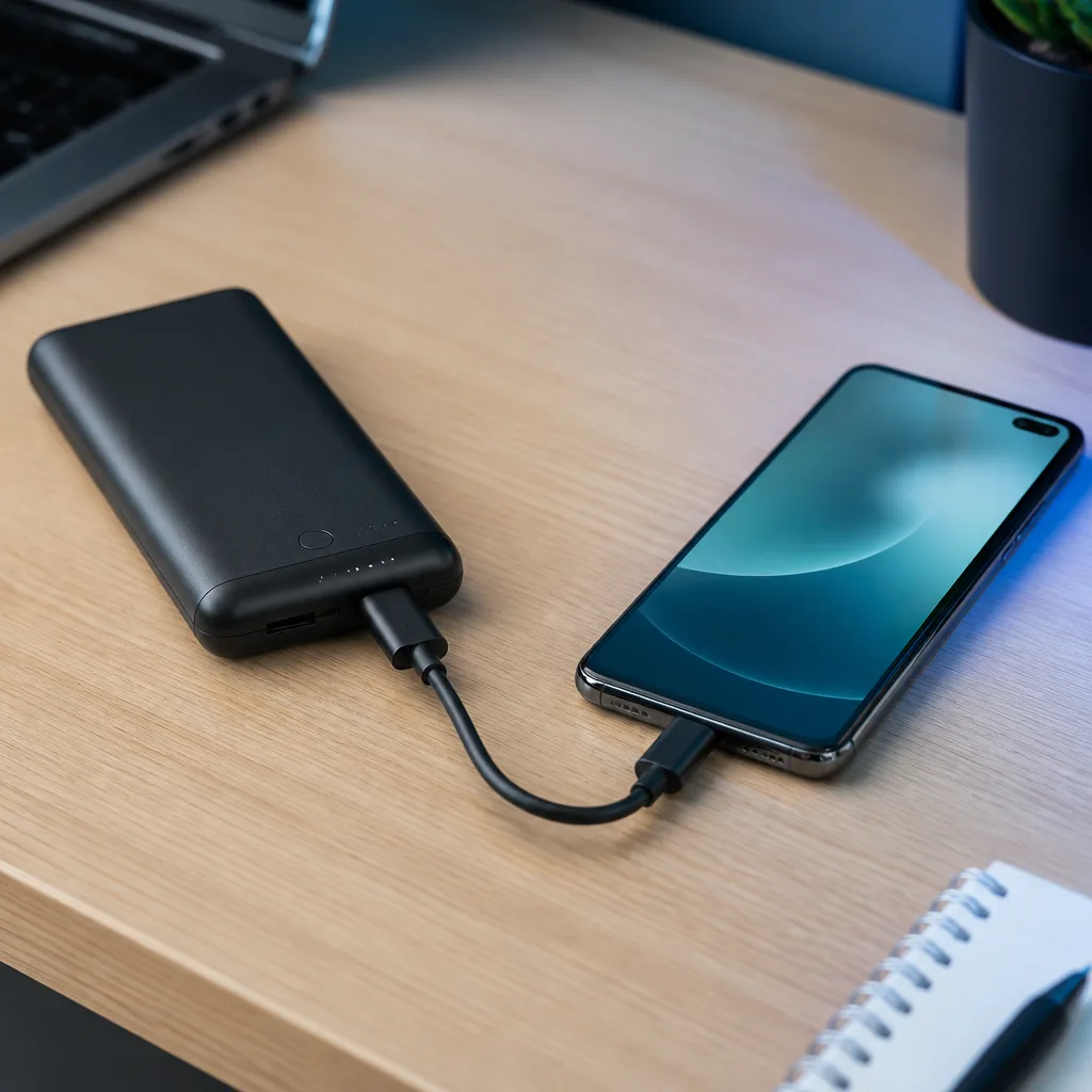 batería externa USB-C conectada a un teléfono mediante un cable corto, ambos sobre un escritorio