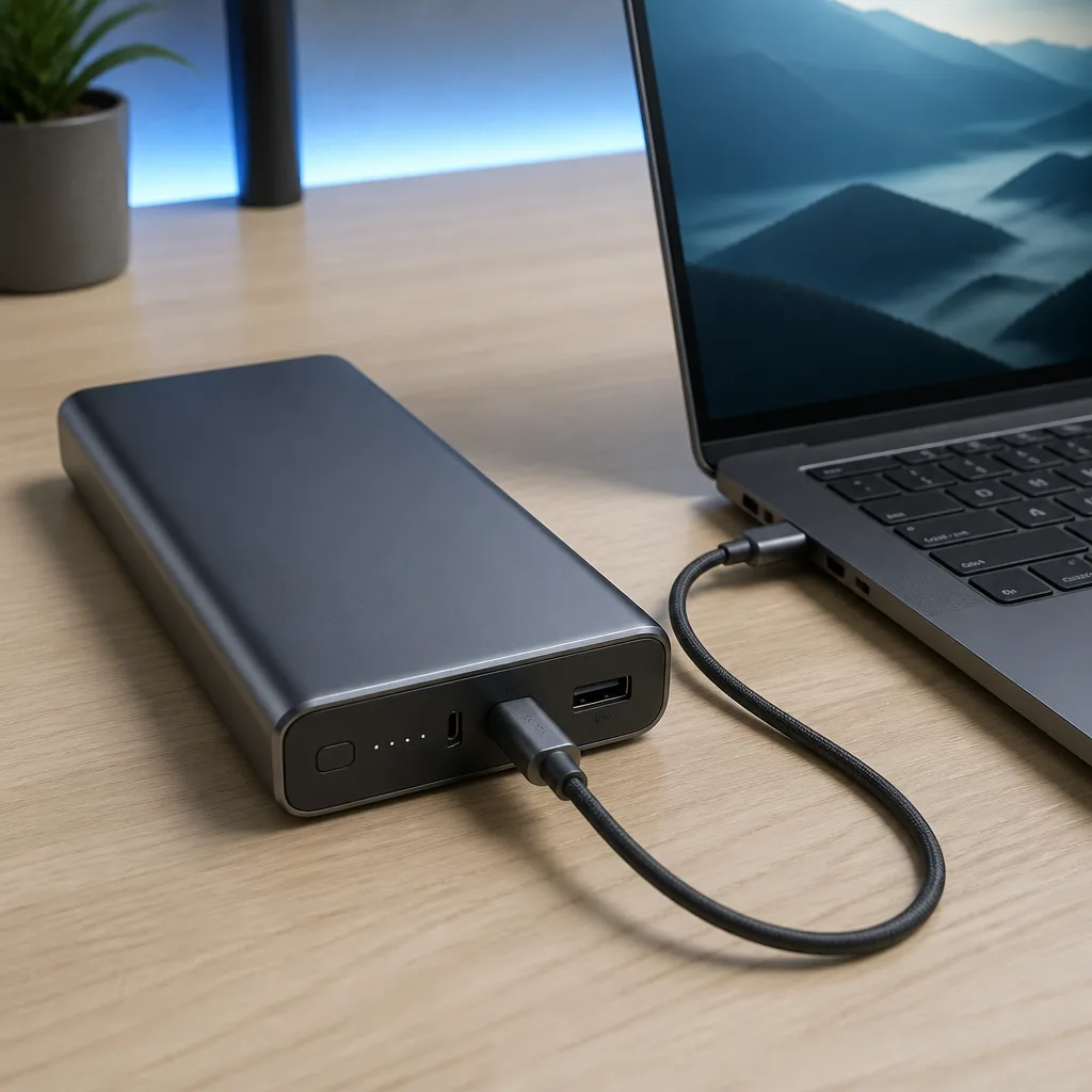 batería externa más grande diseñada para cargar portátiles, con un cable y un portátil cerca sobre un escritorio