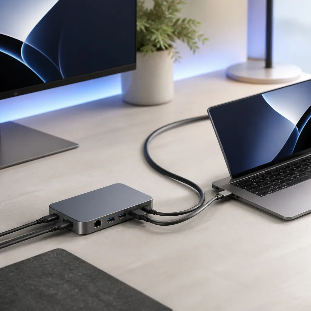 laptop aangesloten op één enkele USB-C kabel naar een compact dock op een opgeruimd bureau