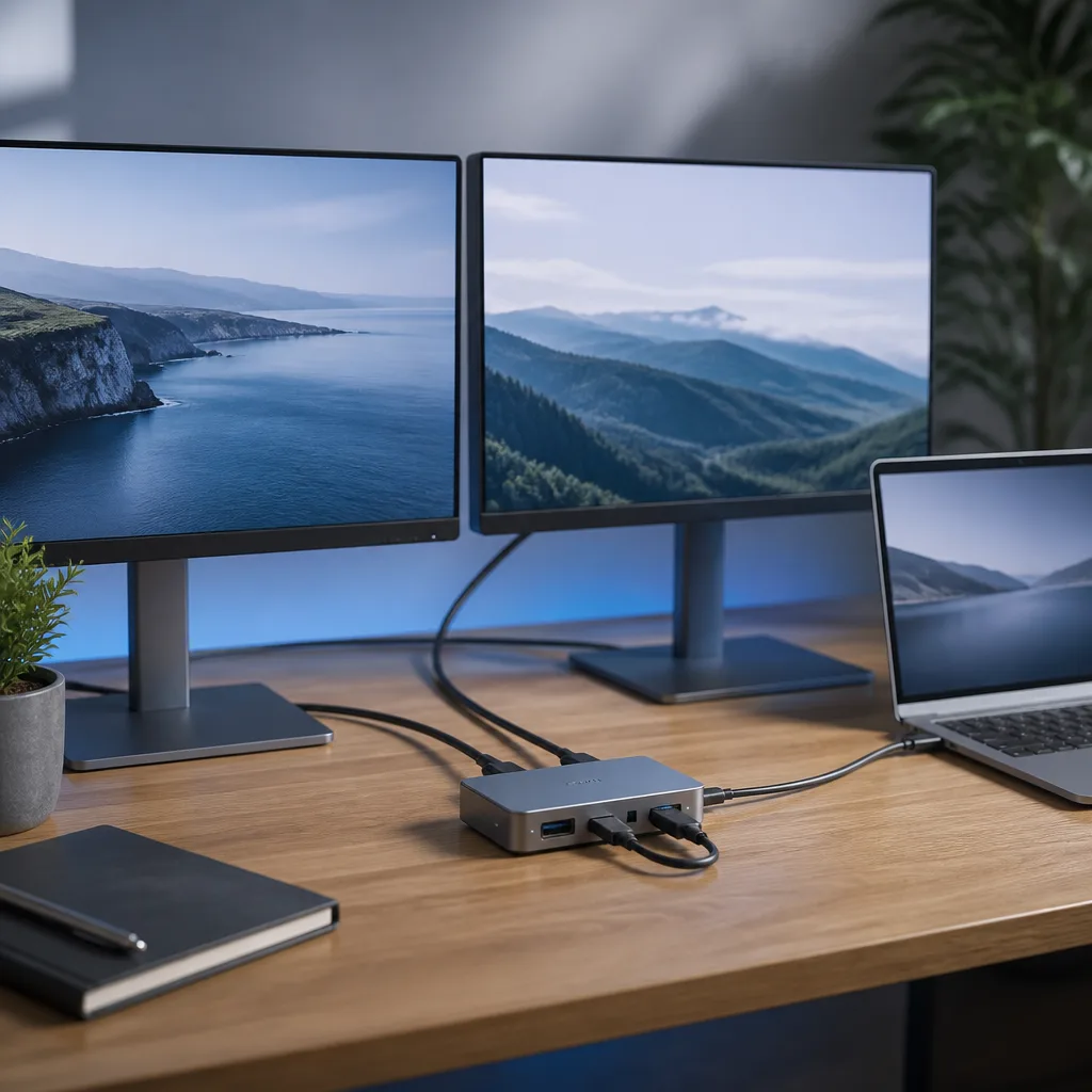 twee monitoren op een bureau aangesloten via een USB-C docking station op een laptop