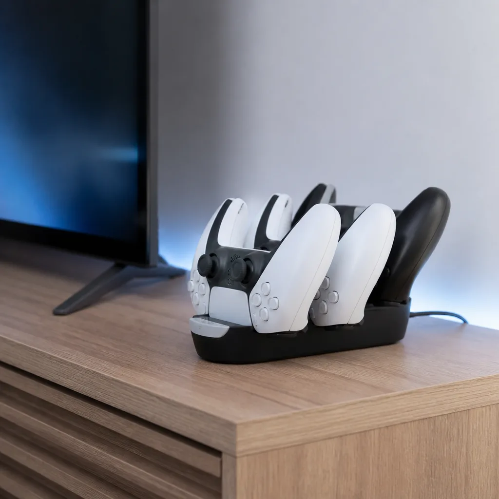meerdere gamecontrollers gedockt in een klein oplaadstation naast een televisie