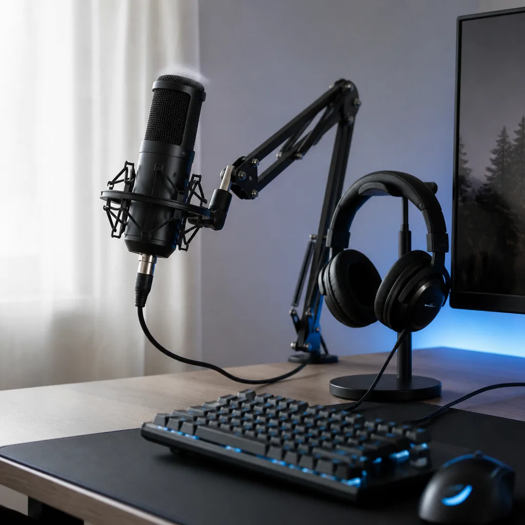 een USB microfoon op een boomarm naast een gamingheadset en toetsenbord