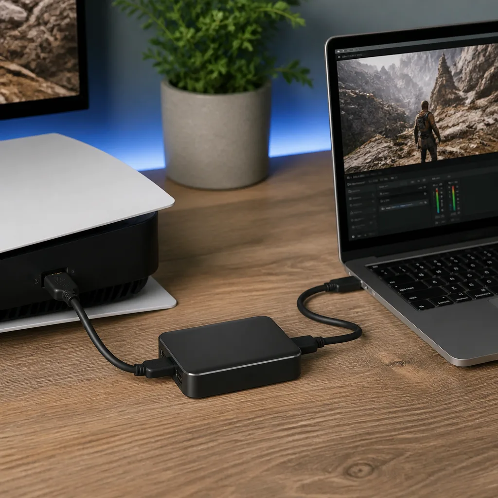 een USB capture card aangesloten tussen een console en een laptop met een HDMI kabel