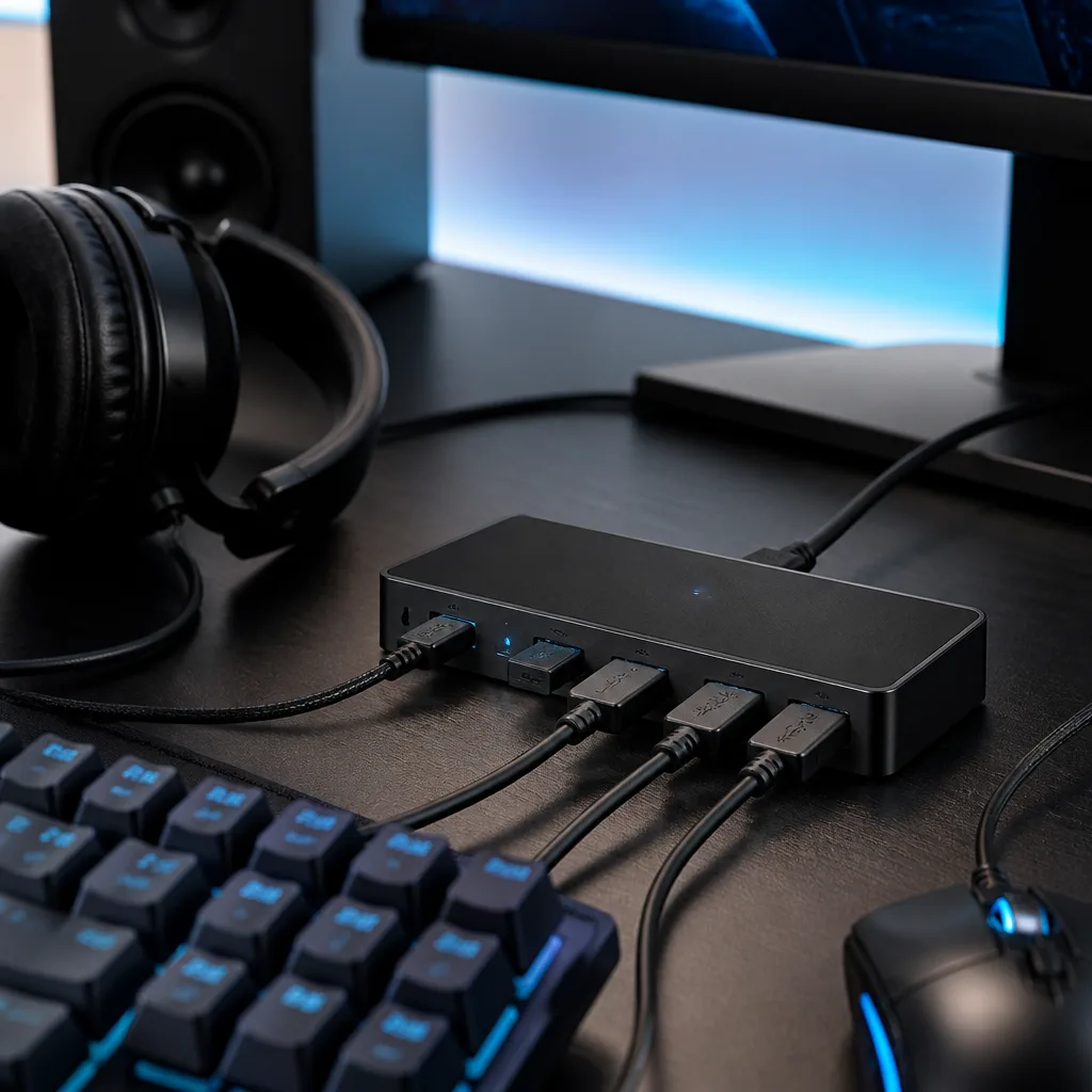 een gevoede USB hub op een gamingbureau met een toetsenbord-, muis- en headsetkabel aangesloten