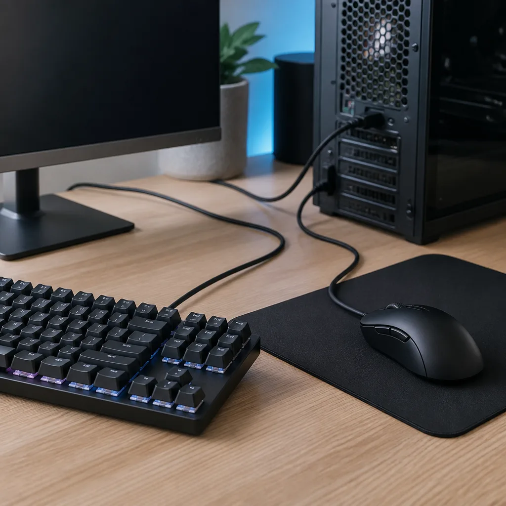 een bedraad gamingtoetsenbord en muis uitgestald op een bureau met kabels naar de computer