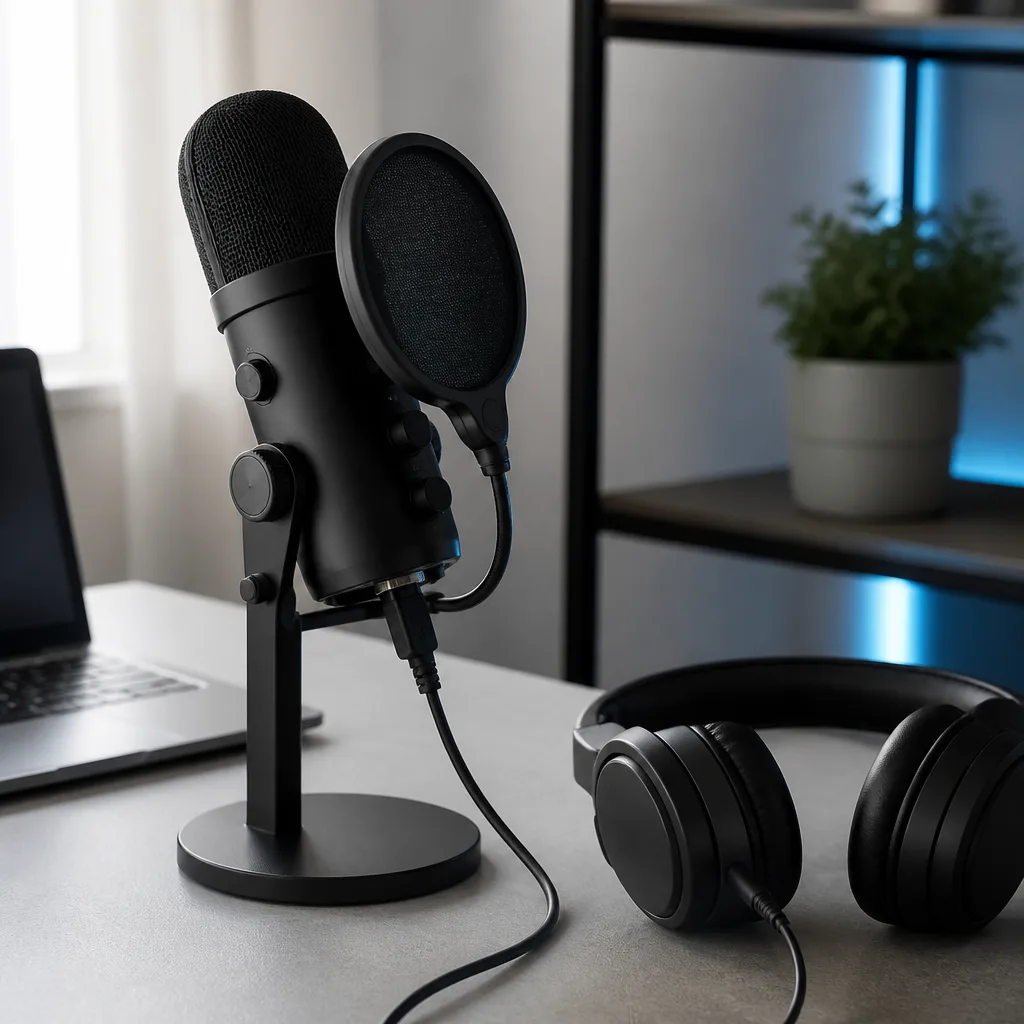 een USB podcastmicrofoon op een bureaustandaard met een popfilter, naast een koptelefoon
