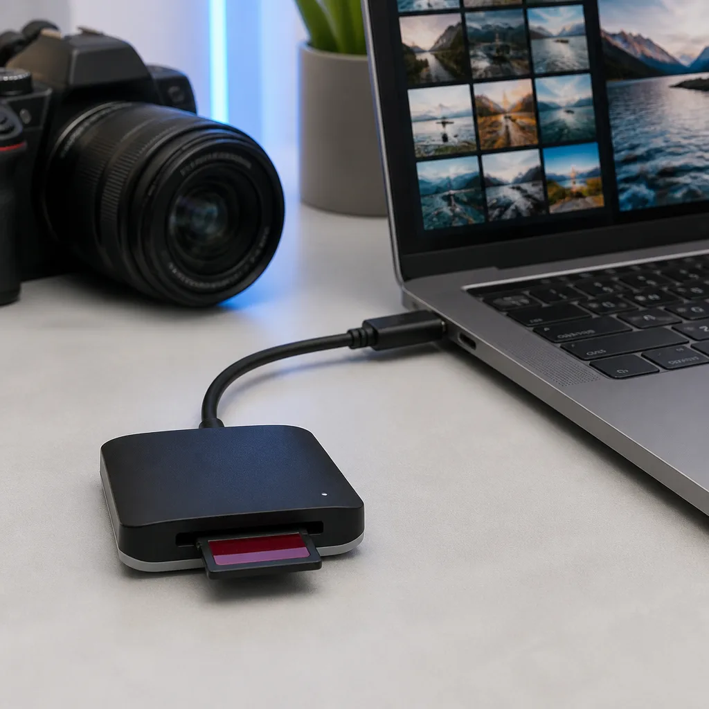 een geheugenkaartlezer aangesloten op een laptop met een kaart erin, naast een camera