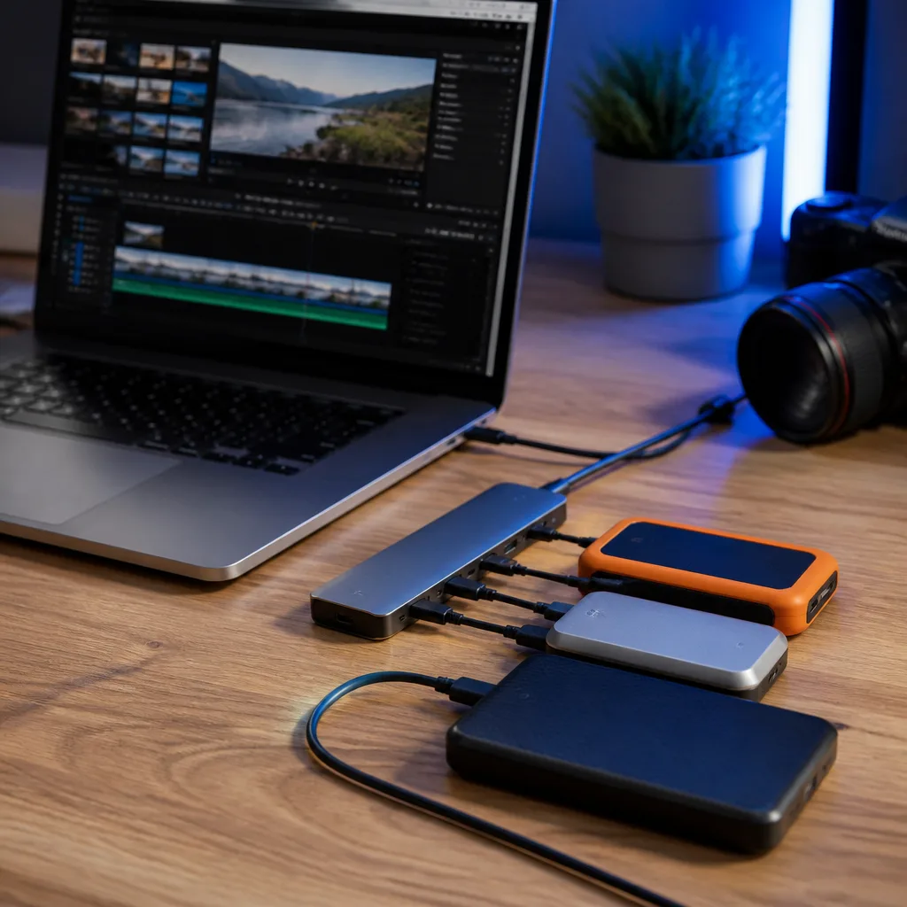 meerdere externe schijven aangesloten via een hub naast een laptop klaargezet voor videomontage