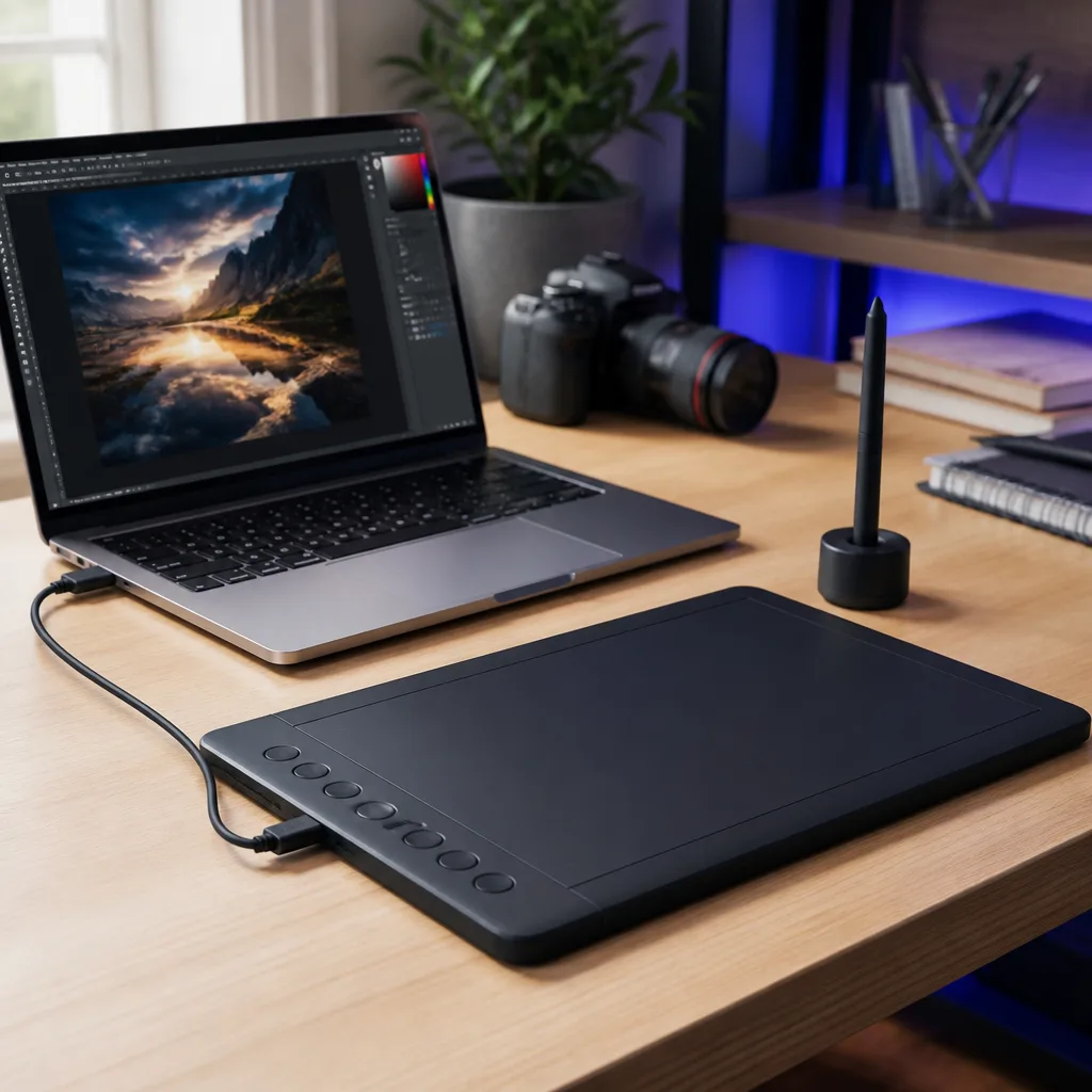 een grafisch tablet en stylus aangesloten op een laptop op een creatieve werkplek