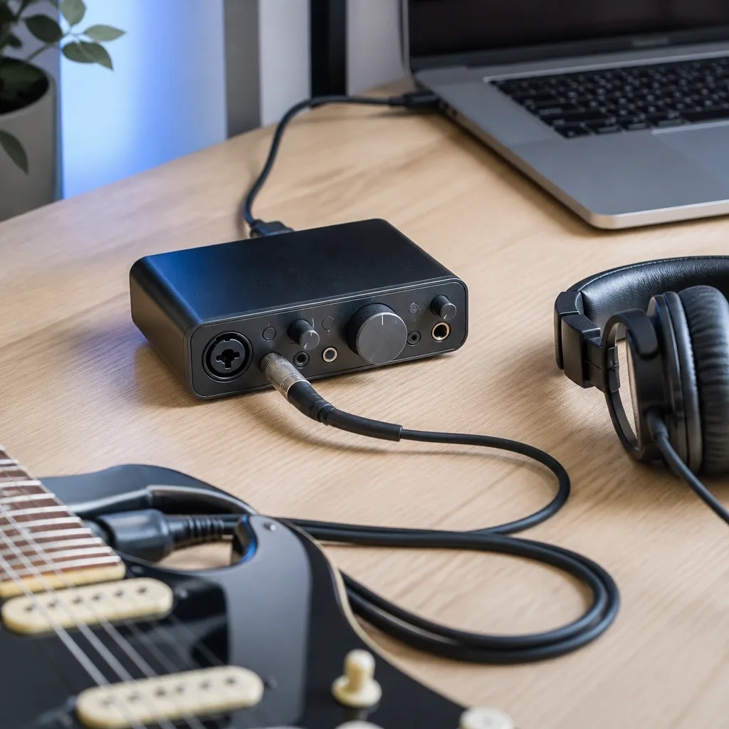 een kleine USB audio-interface op een bureau met een instrumentkabel en studiokoptelefoon