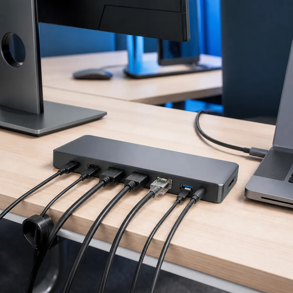 een slank USB-C docking station op een gedeeld kantoorbureau met kabels voor monitor, netwerk en randapparatuur