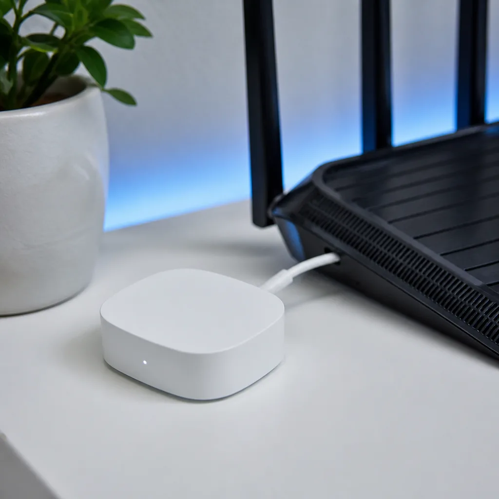 een kleine smart home hub aangesloten via een korte USB kabel bij een router