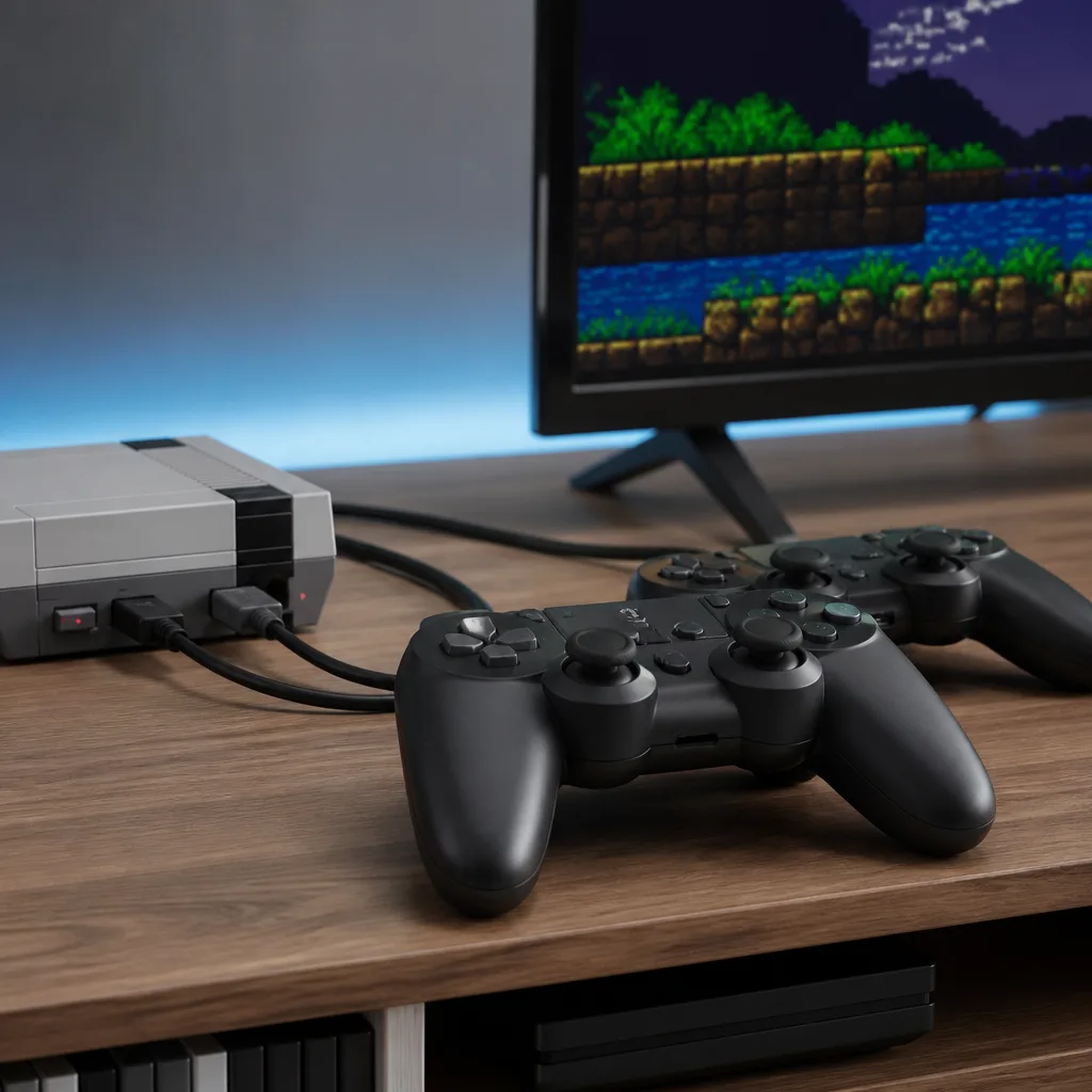 moderne USB controllers aangesloten op een kleine retro gameconsole op een tv-meubel