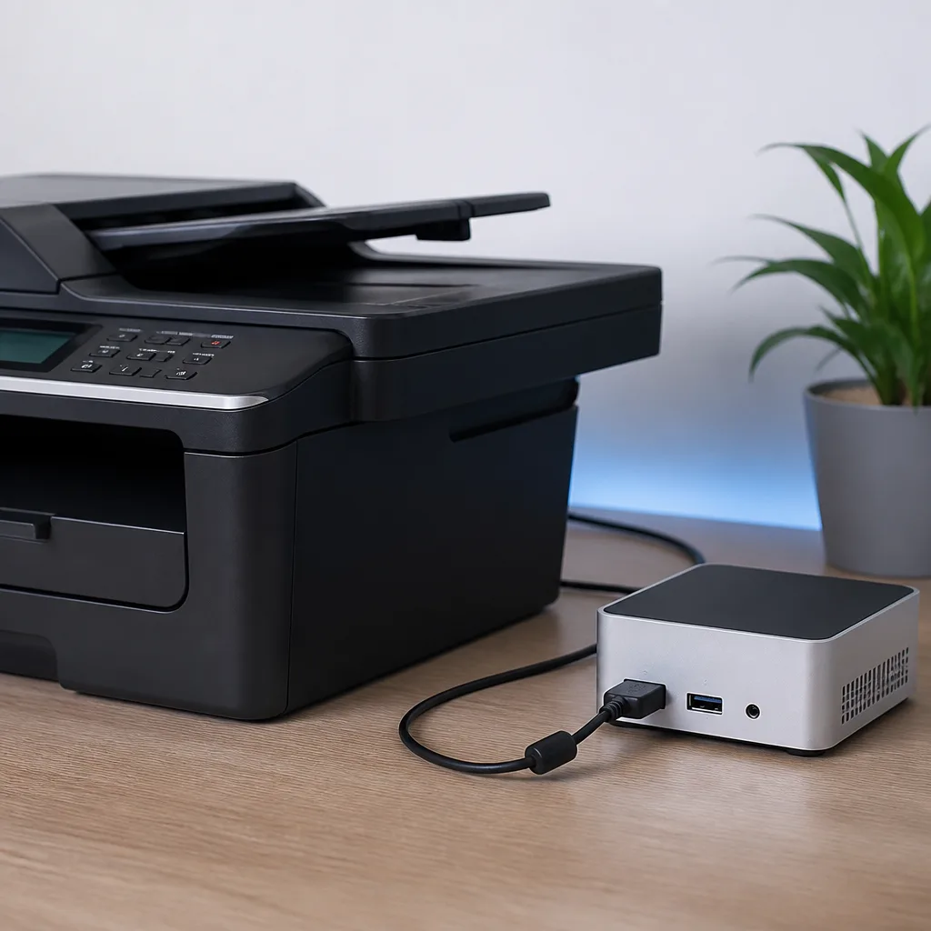 een thuisprinter aangesloten op een kleine computer die hem deelt via het thuisnetwerk