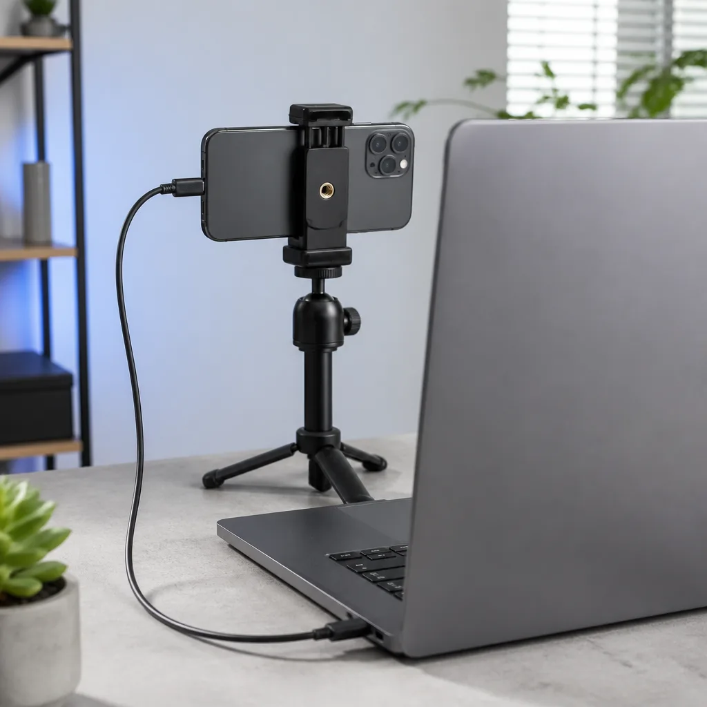 een smartphone op een klein statief achter een laptop, aangesloten via een USB kabel