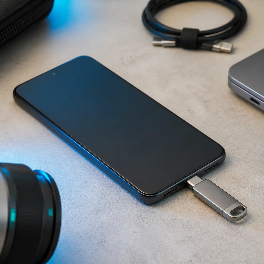 een kleine USB flashdrive aangesloten op de USB-C poort van een telefoon