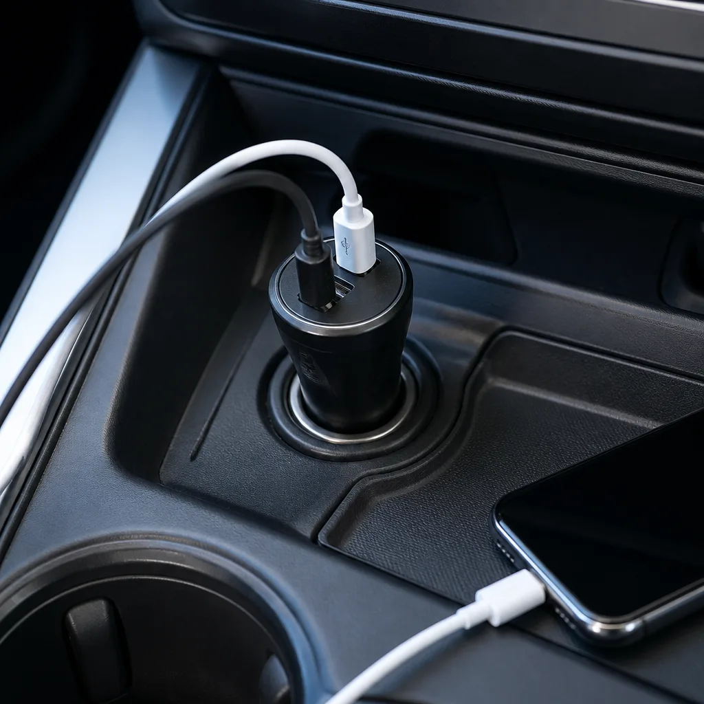 een autolader met twee poorten aangesloten op het stopcontact van een voertuig met een telefoonkabel aangesloten