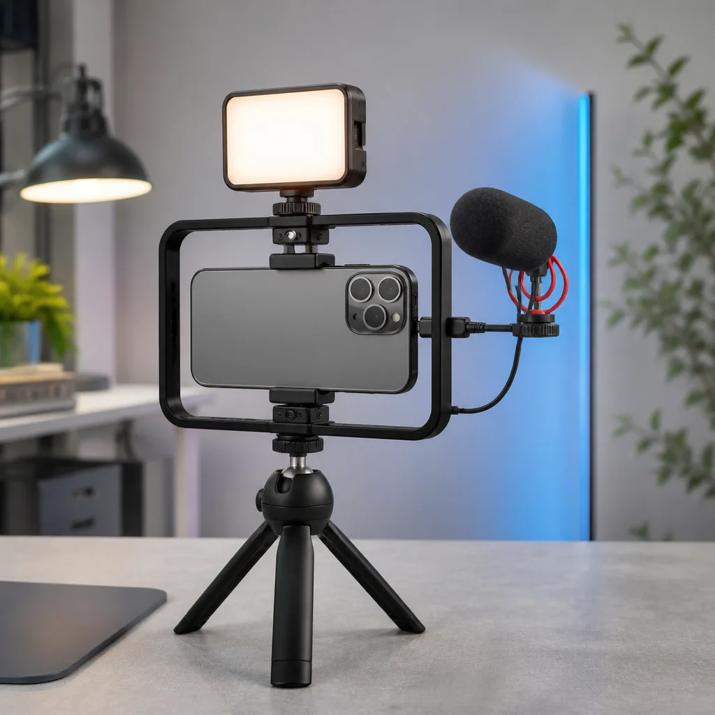 een smartphone gemonteerd op een klein rig met een USB-C microfoon en licht bevestigd