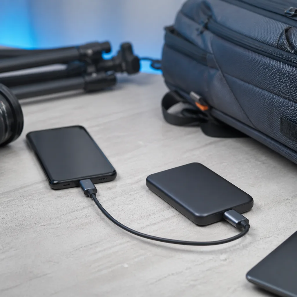 een telefoon aangesloten op een kleine draagbare SSD ter plekke, met een rugzak op de achtergrond
