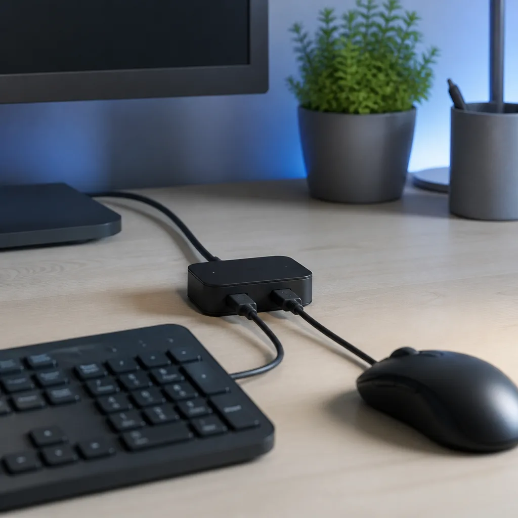 a small USB hub on a desk with a keyboard and mouse cable plugged in