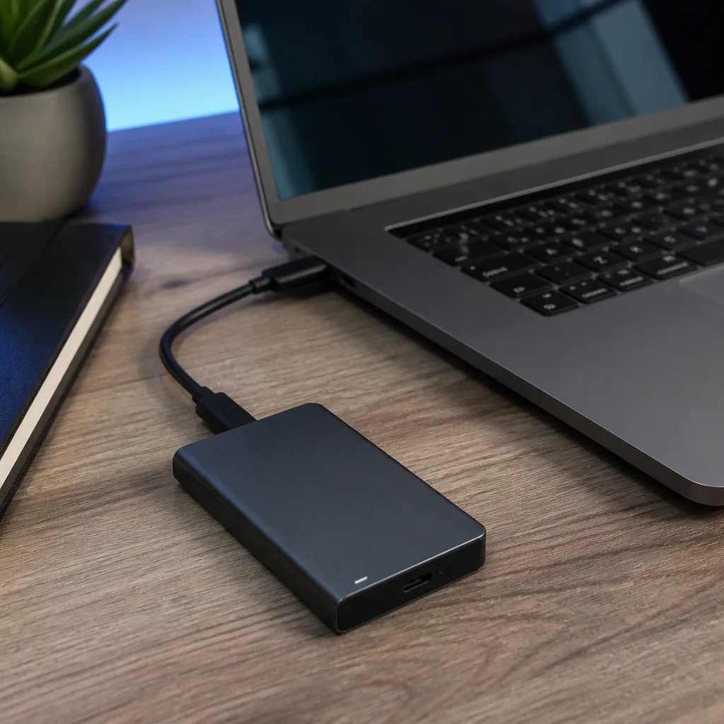 een compacte externe SSD aangesloten via een korte kabel naast een laptop op een bureau
