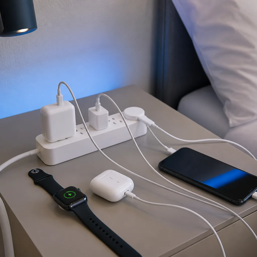 meerdere apparaten die samen opladen vanaf één stekkerdoos op een hotelnachtkastje