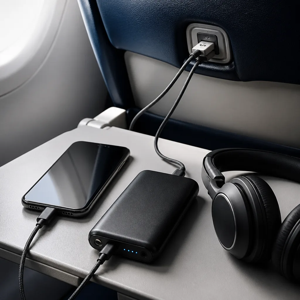 een telefoon en koptelefoon aangesloten bij de USB-voedingspoort van een vliegtuigstoel