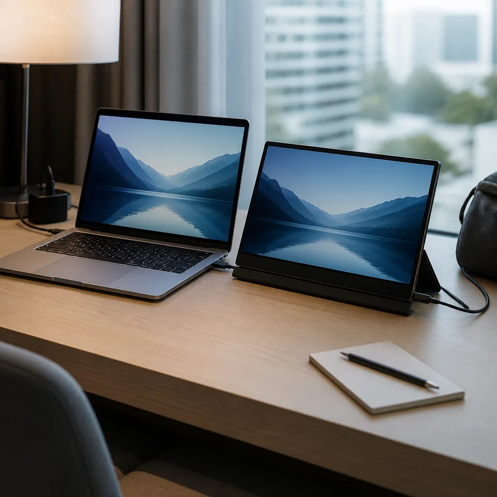 een dunne draagbare monitor rechtop naast een laptop op een hotelbureau