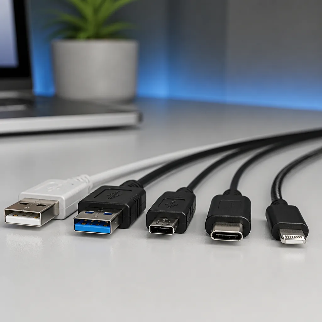 Several different USB connector types laid side by side on a flat surface for comparison