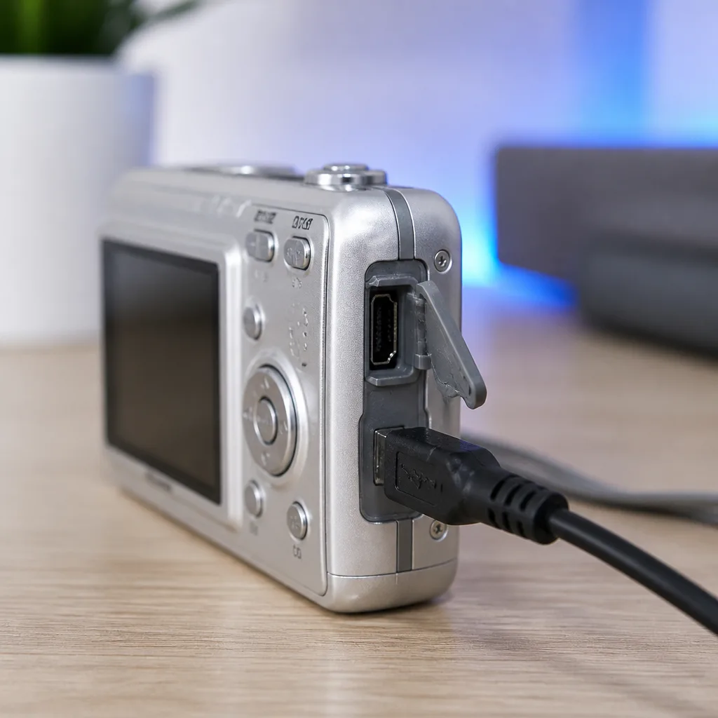 Old digital camera with a Mini-USB cable plugged into its side port