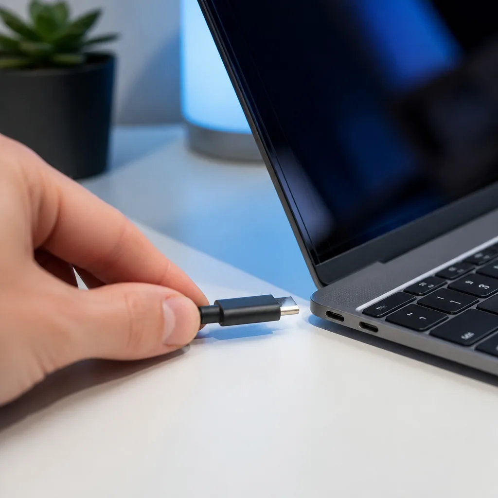 Main d'une personne branchant un câble USB-C dans un port d'ordinateur portable sans le regarder