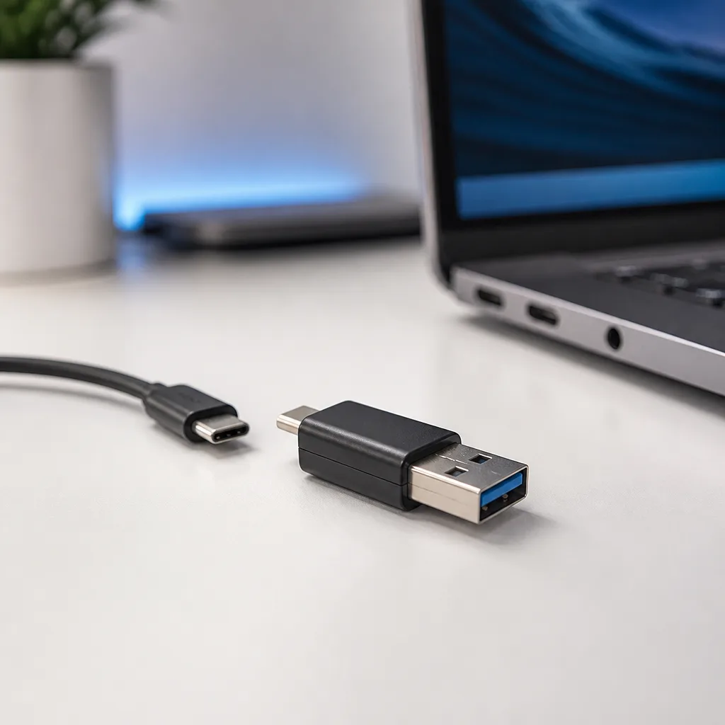 Small USB adapter converting a USB-C cable end to a USB Type-A plug